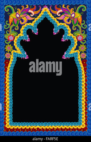 Cadre photo Floral dans la mosquée de style islamique. Collage abstrait de fleurs de printemps. Zone vide isolated on black Banque D'Images