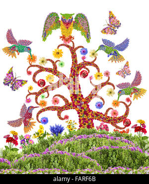 Paradise concept jardin paradisiaque. Bourdonnement fantastique - oiseaux, papillons et hibou survolez la floraison arbre. Naïve isolés Banque D'Images