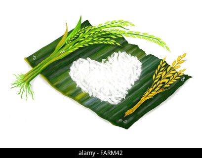 Venu du riz, riz vert en forme de coeur et du riz bouilli sur feuille de bananier Banque D'Images