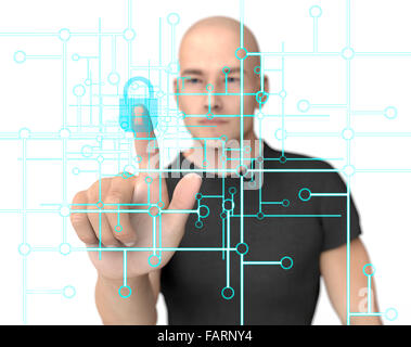 L'homme en appuyant sur l'écran de l'ordinateur virtuel avec cadenas. Banque D'Images