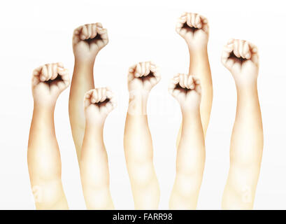 Sept poings serrés soulevé en l'air, montrant le succès, la victoire, l'harmonie ou mépris Banque D'Images