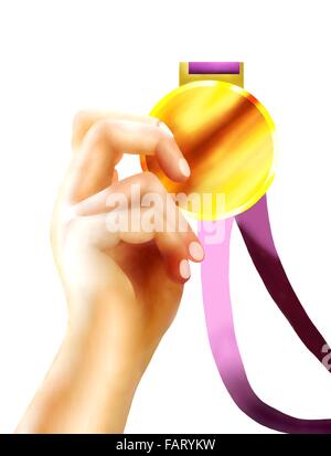 Dessin à la main, près de l'affiche gagnante d'une médaille d'or brillant avec ruban couleur Violet dans une main Banque D'Images