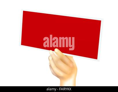 Dessin à la main, Close Up de couleur rouge d'un grand vide carte vierge dans une main avec l'exemplaire de l'espace pour votre contenu ou photo Banque D'Images