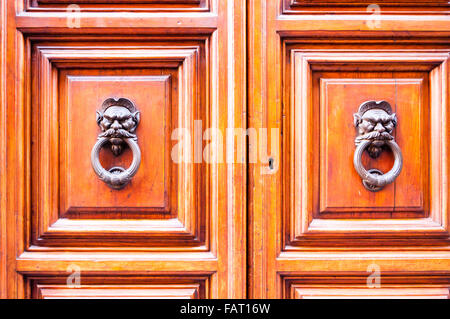 Doorknocker face démon sur une porte en bois Banque D'Images