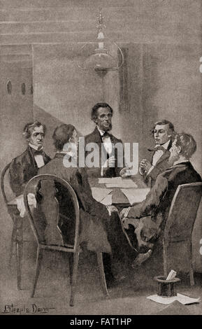 La Conférence d'Hampton Roads, qui a eu lieu entre les États-Unis et les états confédérés le 3 février 1865, à bord du steamboat River Queen à Hampton Roads, en Virginie, pour discuter des modalités pour mettre fin à la guerre civile américaine. On voit ici le président Abraham Lincoln et le secrétaire d'État William H. Seward, représentant l'Union européenne, rencontrez les trois commissaires de la Confédération : Vice-président Alexander H. Stephens, le Sénateur Robert M. T. Hunter, et secrétaire adjoint à la Guerre John A. Campbell. Banque D'Images