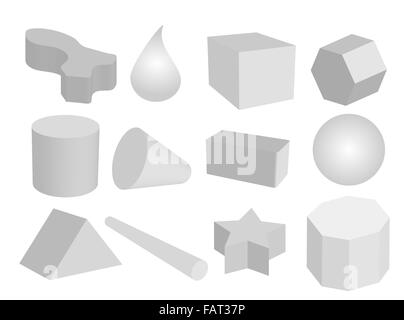 La forme géométrique des objets de couleur gris, chiffres ou créer dans une sphère, Triangle, hexagone, cylindre, cône, Drop et Cube Banque D'Images