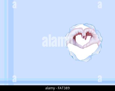 Modèle élégant d'un corps amoureux montrant Les langues pour les signaux d'amour à la main Coeur en Bleu Fond Papier déchiré Banque D'Images