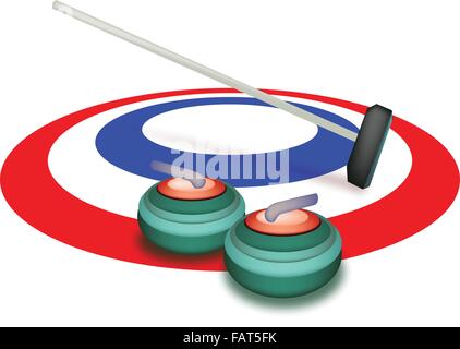 Sport d'hiver : Dessin à la main des pierres de curling et de balais dans la glace des anneaux, vert, blanc et bleu dans le sport de Curling Isolated Illustration de Vecteur