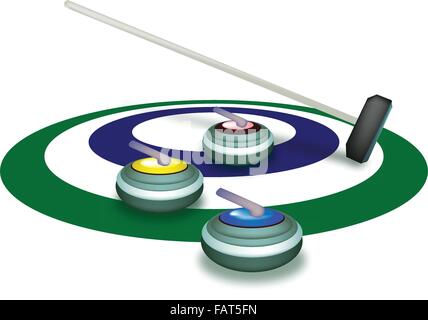 Sport d'hiver : Dessin à la main des pierres de curling et de balais dans la glace des anneaux, vert, blanc et bleu dans le sport de Curling Isolated Illustration de Vecteur