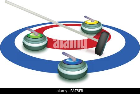 Sport d'hiver : Dessin à la main des pierres de curling et de balais dans la glace de bagues, bleu blanc et rouge dans le sport de Curling isolé sur Illustration de Vecteur