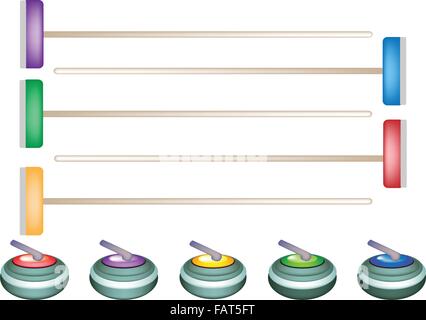 Sport d'hiver : Dessin à la main des pierres de curling et des balais avec cinq couleurs assorties isolé sur fond blanc Illustration de Vecteur