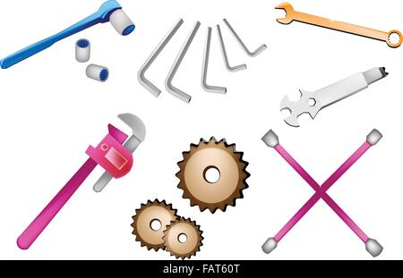 Une illustration Collection de différents type de service et de réparation automatique des trousses à outils icônes, Clé, engrenages, une clé à pipe, Clés à six pans, S Illustration de Vecteur