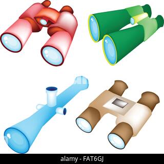 Instruments d'optique, Rouge, Vert, Bleu, et marron de jumelles isolé sur fond blanc Illustration de Vecteur