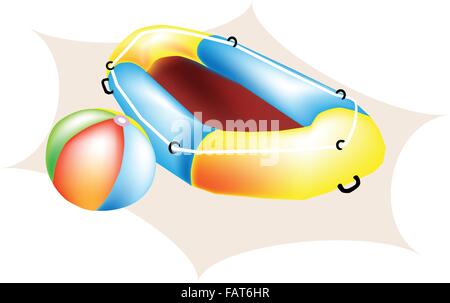 Une illustration de ballon de plage colorés et jaune bateau gonflable ou radeau pneumatique sur la plage Illustration de Vecteur