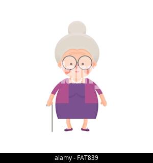 Vector Illustration de vieille femme en robe violette avec bâton de marche Illustration de Vecteur