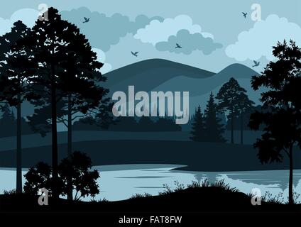 Paysage, arbres, lac et montagnes Illustration de Vecteur