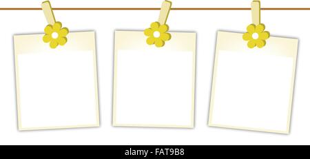 Illustration de trois cases vides Instant Impression de photos ou images Polaroid Hanging sur jaune Fleur Cosmos Clothespins, isolé sur un W Illustration de Vecteur