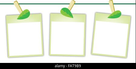Illustration de trois cases vides Instant Impression de photos ou images Polaroid Hanging on belle feuille verte des Clothespins, isolé sur une brindille Illustration de Vecteur