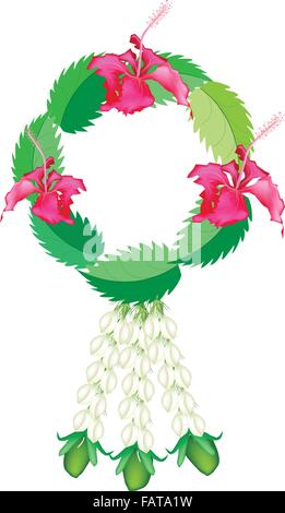 Un symbole de l'amour et le luxe, une illustration de la guirlande de fleurs avec des fleurs d'Hibiscus Rouge ou Bunga Raya et Jasmi Illustration de Vecteur