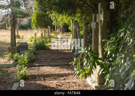 Une rangée de tombes négligées dans le soleil. Banque D'Images