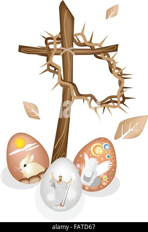 Illustration couleurs brunes d'une couronne d'Épines accrochés sur une croix en bois peint avec des Œufs de Pâques Lapin, Angel et Jésus Chri Illustration de Vecteur