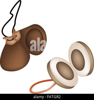 Instrument de musique, l'illustration de deux Castagnettes espagnoles en bois isolé sur fond blanc Illustration de Vecteur