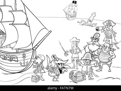 Dessin animé en noir et blanc Illustrations de Fantasy Personnages Pirate avec bateau sur l'île au trésor pour Coloring Book Illustration de Vecteur