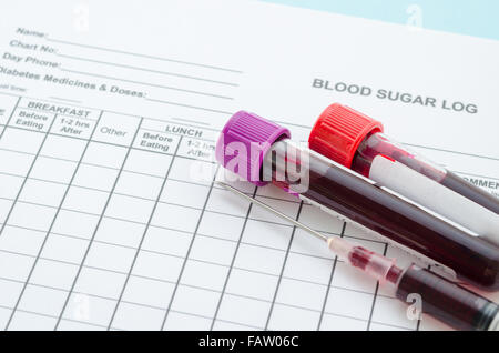 Journal quotidien de sucre dans le sang et les tests sanguins de l'échantillon dans le tube et d'une seringue en laboratoire. Concept de contrôle de sucre de sang. Banque D'Images