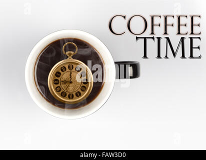 Coffee Time Concept - vintage watch tasse à café à l'intérieur montrant 9 o'clock on white background with copy space Banque D'Images