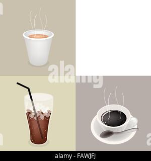 L'heure du café, différents types de café dans un gobelet jetable, un café chaud et un café glacé sur fond marron clair rétro avec Whit Illustration de Vecteur