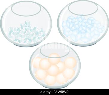 Sugar Cube, Ice Cube et Glace Vanille boules dans trois pots de verre Illustration de Vecteur