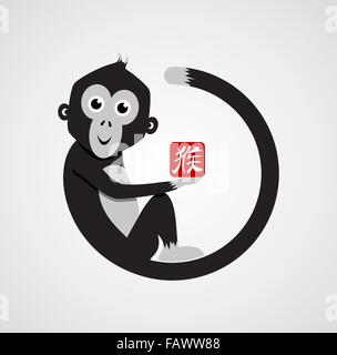 2016 Joyeux Nouvel An chinois du singe. Concept illustration, cute cartoon ape en noir et blanc avec texte traditionnel. Illustration de Vecteur