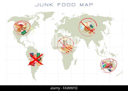 Une mauvaise alimentation, à l'Illustration détaillée d'un plan de restauration rapide et de la malbouffe à l'échelle mondiale Banque D'Images