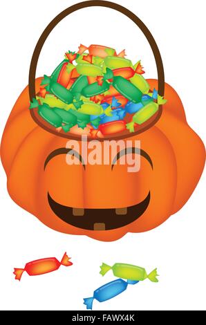 Jack-o-Lantern Pumpkin plein de bonbons durs différents isolé sur fond blanc, pour la célébration de l'Halloween Illustration de Vecteur