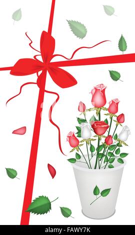 Lumineux et beau bouquet de roses blanches et rouges dans la benne sur le Nouvel An 2014 Carte de Vœux. Illustration de Vecteur
