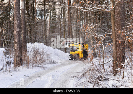 Le tracteur n'efface la neige de la route dans les bois Banque D'Images