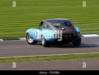 TT RAC race célébration. Non 20 Gregor Fiskin & Bobby Verdon-Roe Jaguar E-type FHC dans une vrille à Goodwood Revival 2015. Banque D'Images