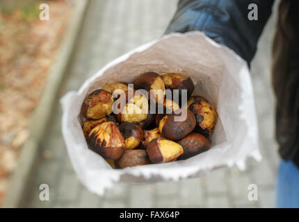 Man holding fresh châtaignes grillées en sac de papier. Banque D'Images