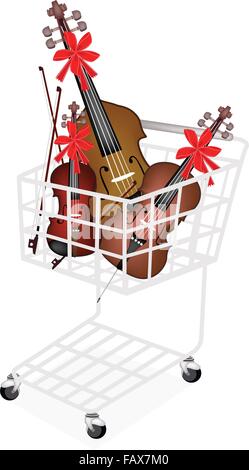 Chaîne d'instruments de musique, une illustration Collection de beaux violon, violoncelle et contrebasse avec des arcs sur scène Brown Zone Illustration de Vecteur