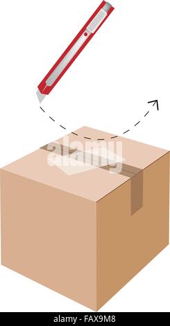 La méthode d'utilisation de la coupe en toute sécurité un couteau ou un couteau polyvalent pour ouvrir une boîte en carton isolé sur fond blanc. Illustration de Vecteur