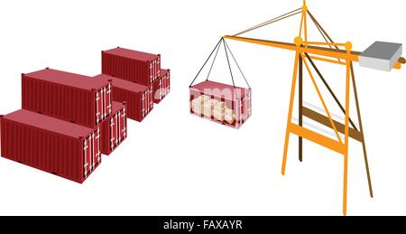 Un récipient le levage d'un conteneur de fret rouge à partir de la pile pour un navire, Container grue est une machine lourde pour le chargement et l'Unloa Illustration de Vecteur