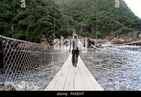 Touristes traversant le pont suspendu au-dessus de la rivière tempêtes embouchure à Tsitsikamma National Park en Afrique du Sud Banque D'Images