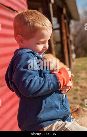 Smiling boy holding newborn kitten on farm Banque D'Images