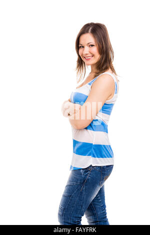 Belle jeune femme souriante, isolé sur fond blanc Banque D'Images