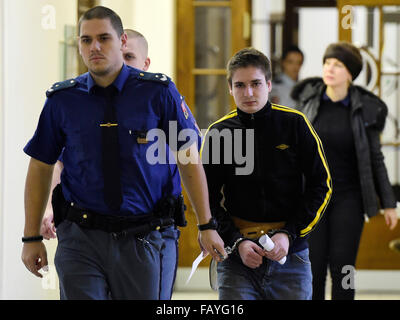 Prague, République tchèque. 6 janvier, 2016. La Haute cour de Prague aujourd'hui, le mercredi 6 janvier 2016, a fait droit à neuf ans de prison et l'expulsion de la République tchèque pendant dix ans pour tentative de meurtre imposées sur Robert Agoc (photo) de la Slovaquie, 22 ans, qui a poignardé un autre passager, choisis au hasard, sur Prague's Metro (métro) dans le cou en mars 2015. Le verdict est valide. Agoc seulement peut produire une révision en appel à la Cour suprême. Photo : CTK/Alamy Live News Banque D'Images