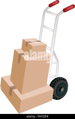 Chariot manuel Dolly Le chargement d'une pile de boîtes en carton étanche isolé sur fond blanc, prêt pour l'expédition ou la livraison. Illustration de Vecteur