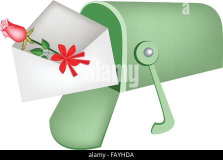 Une boîte aux lettres ou boîte de lettre de la réception d'une lettre et une jolie rose avec ruban rouge, Un parfait cadeau romantique ou cadeau pour quelqu'un Illustration de Vecteur