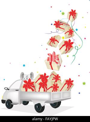 Beau cadeau boîtes avec du ruban rouge et Bow tombant de l'air dans une camionnette, un parfait cadeau ou présent pour quelqu'un et Illustration de Vecteur