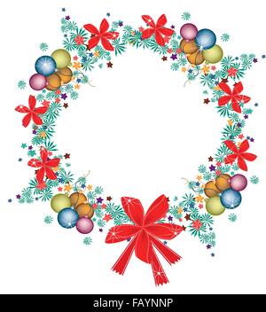 Couronne de Noël décoré avec des ornements de Noël, des boules de Noël, des étoiles et de belles arc rouge, signe pour célébration de Noël. Illustration de Vecteur