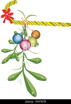 Bouquet de gui et des boules de Noël avec un ruban rouge de Noël et canne de Noël pour célébrer Noël, isolé sur blanc Retour Illustration de Vecteur